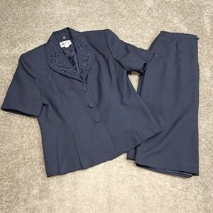 Morgan Miller Womens Navy Blue Embroidered Skirt Suit Set Size 12 Short Sleeve